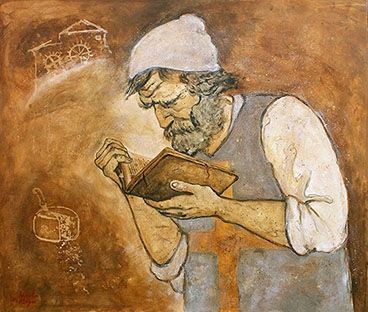 a drawing of a peasant looking guy reading a book